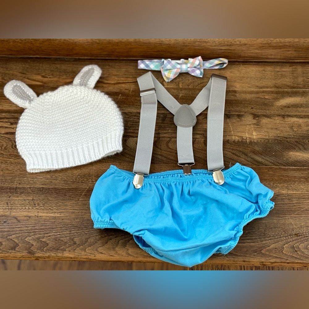 Baby Bloomers, Bow Tie  & Suspenders set with Knitted Bunny Hat